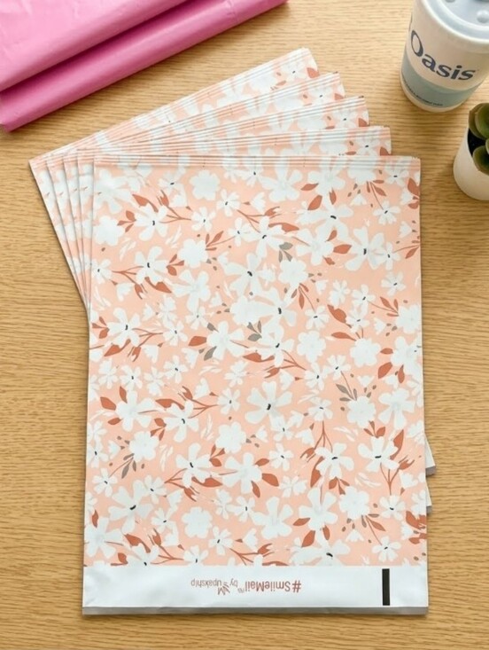 None Other - Peachy Pink Gray Floral Poly Mylar Like Mailers Set of 10